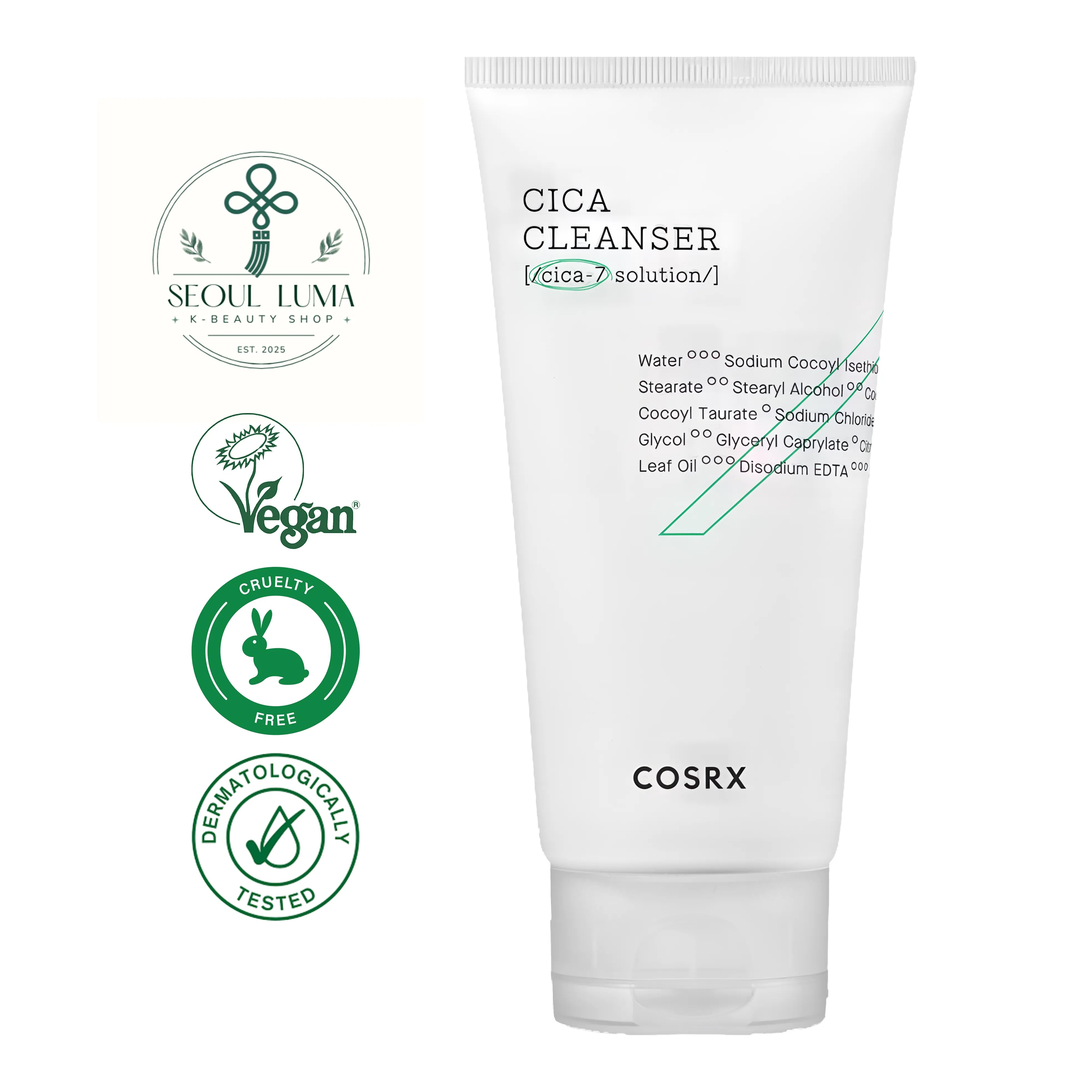 COSRX Pure Fit Cica Cleanser 150ml - Low pH foam cleanser with CICA-7 Complex for gentle cleansing and soothing sensitive skin